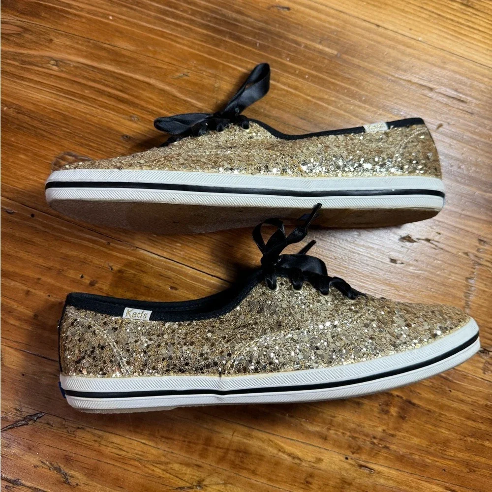 Keds X Kate Spade New York Women Gold Glitter Lace-Up Sneakers Black Lace Size 8